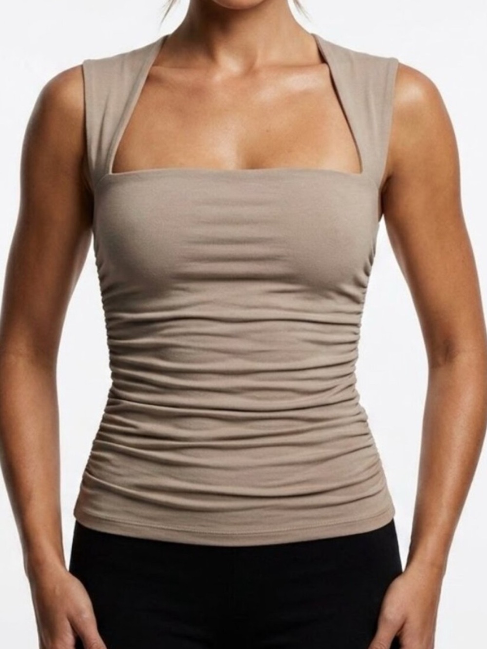 Abercrombie & Fitch Minimalist Taupe Ruched Square Neck Tank Top S